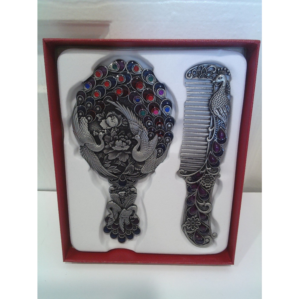 Vintage Peacock Shaped Mirror And Hair Brush Set Style X